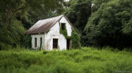Fototapeta premium A small, ivy-clad cottage nestled in a dense thicket of green, exuding an enchanting, storybook charm.