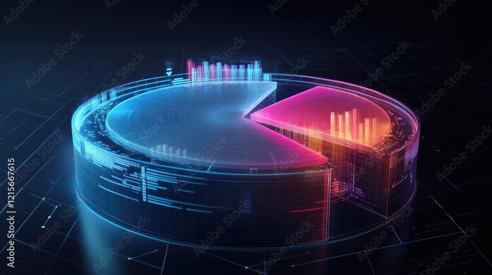 Poster a transparent d pie chart with floating segments, displayed against a dark, futuristic backdrop, wit