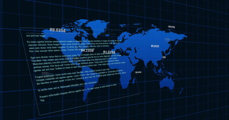 Image of data processing over world map on black background