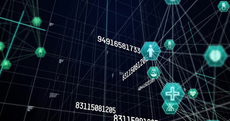 Image of globe of network of connections with icons and data processing