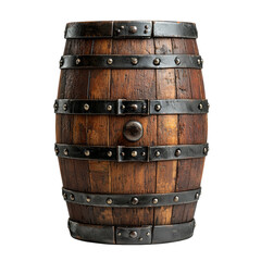 Fototapeta premium Rustic Wooden Barrel with Metal Bands and Rivets Isolated on transparent background