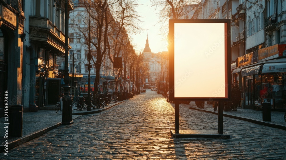 Poster a blank rectangular signboard on a cobblestone street with vintage architecture in the background.