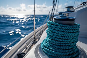 Close-up of teal rope coiled on a sailboat winch at sea.