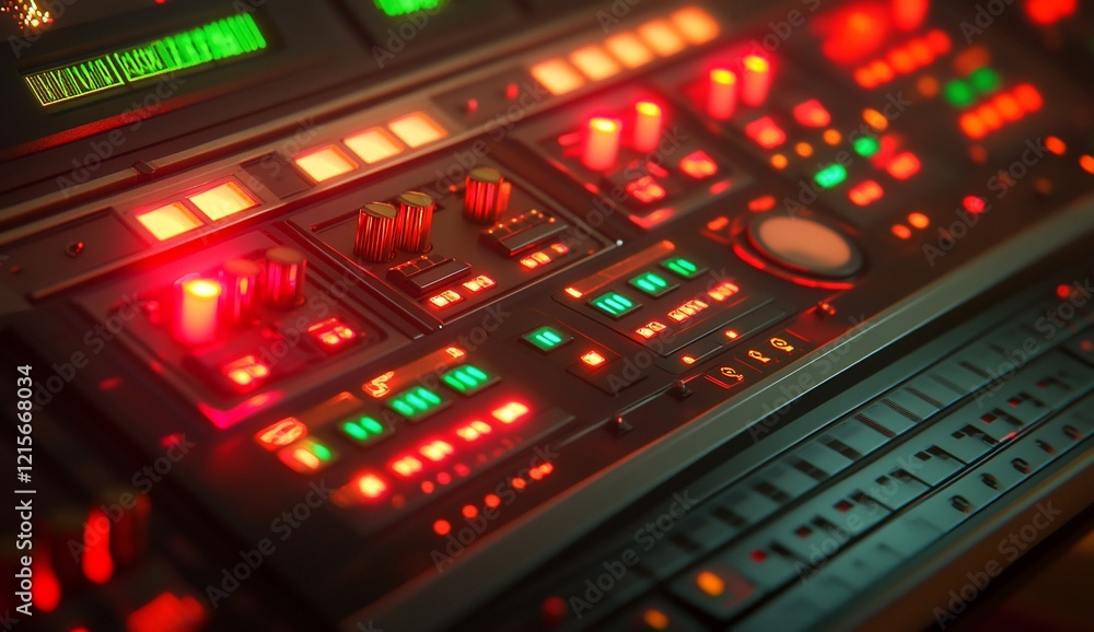 Aufkleber close-up of a vintage synthesizer control panel with illuminated buttons and knobs.