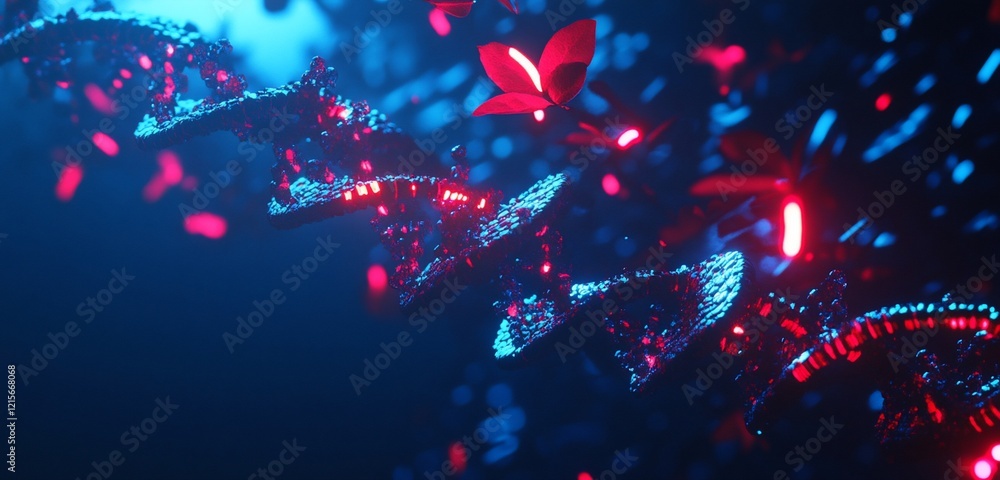 Poster abstract 3d render of glowing dna helix with red particles.