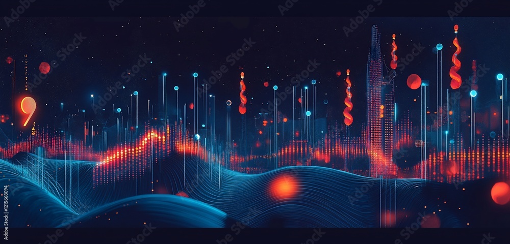 Poster abstract digital landscape with glowing lines and particles.