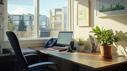 A bright and airy workspace with a modern landline phone and organized supplies.