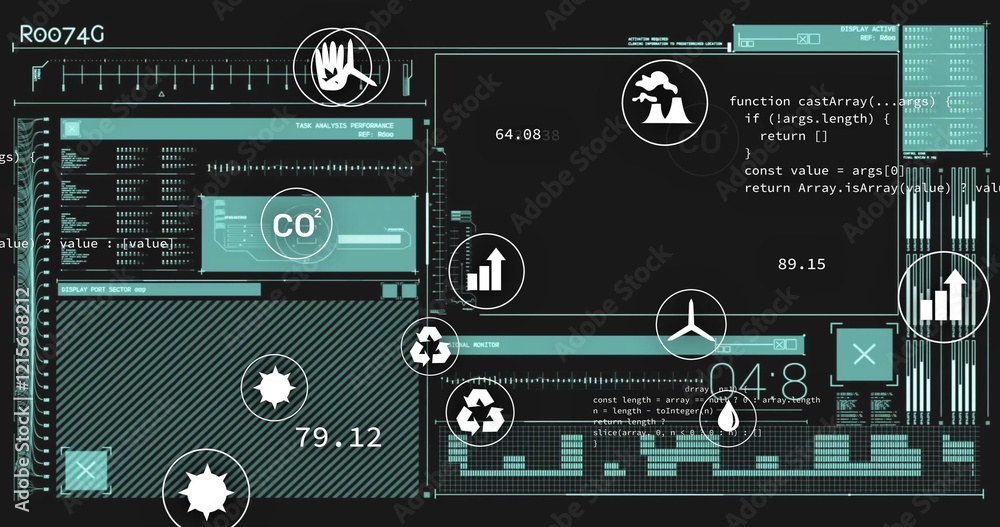 Poster environmental data and statistics image over digital interface with various icons
