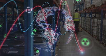 Image of graphs, processing data and pixel globe over goods warehouse