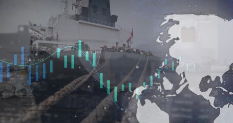 Image of graphs and processing data over globes and ship in harbour