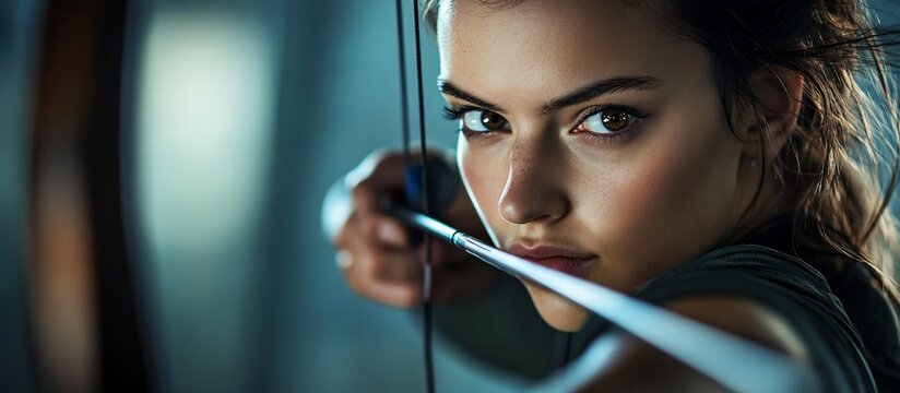 Close-up of a focused female archer aiming her bow and arrow.