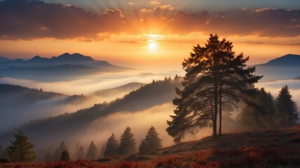 Obraz premium Photograph of a Peaceful Mountain Landscape at Golden Hour, with Misty Forest and Silhouetted Trees