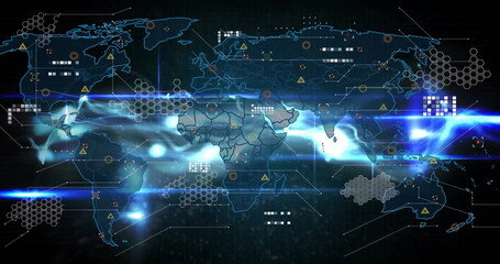 Image of data processing and world map over lights on black background