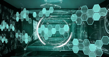 Image of hexagons and molecules over data processing with scope scanning on black background