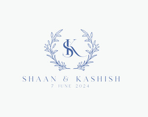 Wedding logo wreath vector design royal style blue color illustration monogram crest design