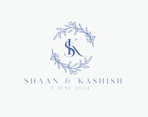 Wedding logo wreath vector design royal style blue color illustration monogram crest design