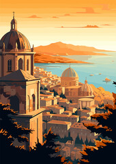 Travel Destination in Dubrovnik Croatia vintage print. holidays concept of illustration