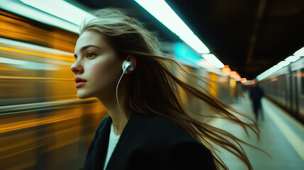 A young woman with long hair, wearing earphones and headphones, stands on the subway platform in while waiting for her train to go home