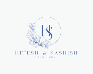 Wedding logo wreath vector design royal style blue color illustration monogram crest design