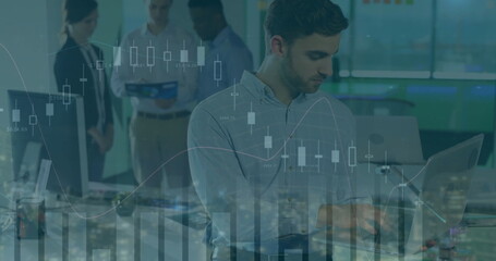 Image of financial data processing over diverse business people in office