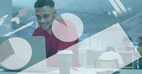 Image of financial data processing over diverse business people in office