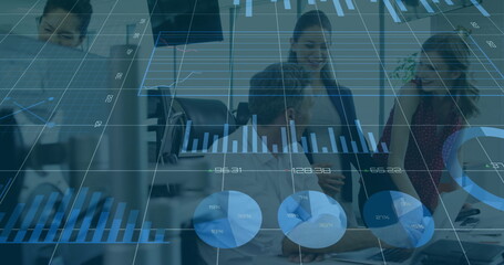 Image of financial data processing over diverse business people in office