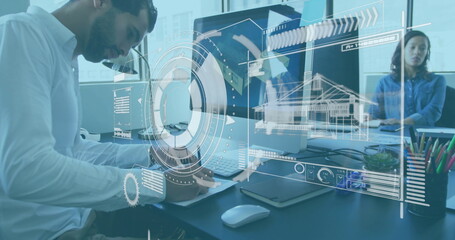 Image of financial data processing over diverse business people in office
