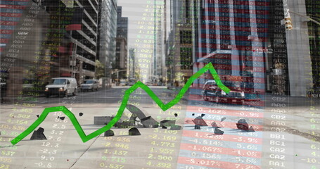 Image of statistics and financial data processing over cityscape