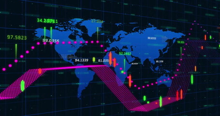 Image of networks and digital data processing over world map