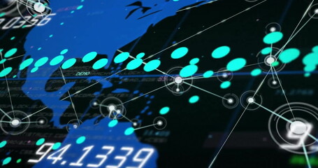 Image of networks and digital data processing over world map