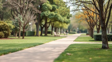 Fototapeta premium Tranquil Park Pathway Surrounded by Trees in Spring and Summer Landscape