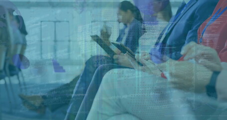 Image of financial data processing over diverse business people in office