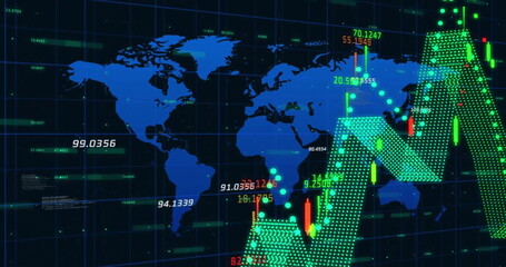 Image of networks and digital data processing over world map