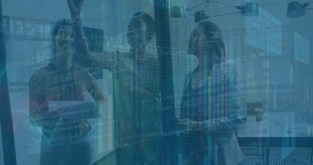 Image of financial data processing over diverse business people in office