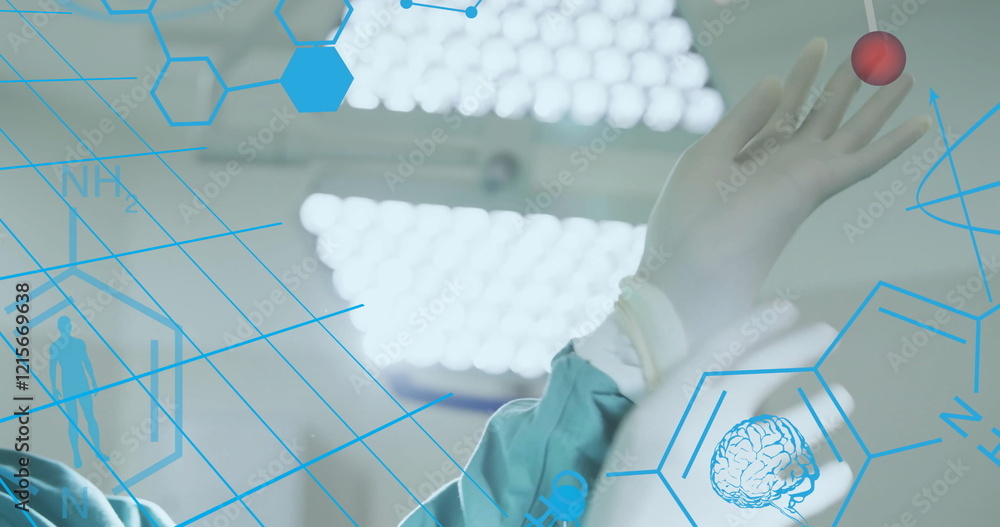 Aufkleber Image of element structures surgeon putting on gloves in operating theatre