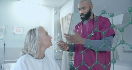 Image of element structure over diverse male doctor checking ear of senior female patient