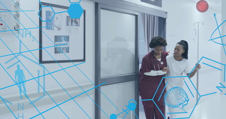 Image of element structures and icons over african american female doctor supporting patient