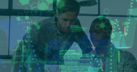 Image of financial data processing over diverse business people in office