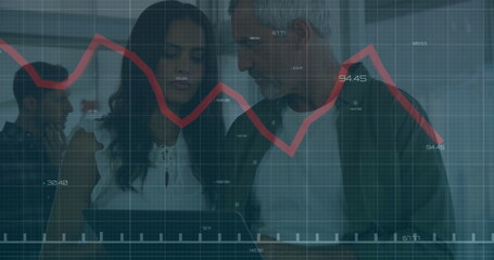 Image of financial data processing over diverse business people in office