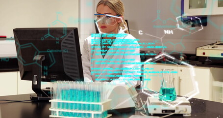 Image of chemical formula and data processing over caucasian female scientist in lab