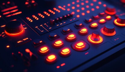 Close-up of a futuristic control panel with illuminated buttons and knobs.