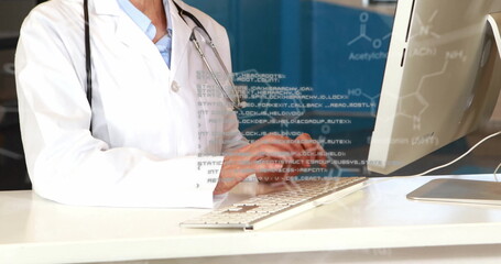 Image of chemical formula and data processing over caucasian female doctor using computer