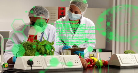 Image of chemical formula and data processing over diverse scientists working in lab