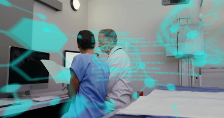 Image of chemical formula and data processing over diverse doctors in hospital