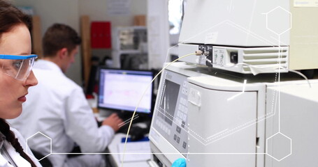 Image of chemical formula over caucasian female scientist in lab