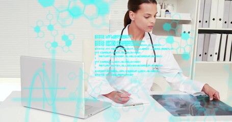 Image of chemical formula and data processing over caucasian female doctor holding x-ray scans