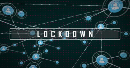 Image of lockdown text over network of connections with icons