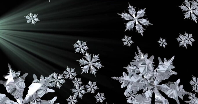 Image of snowflakes over light trails on black background - Powered by Adobe