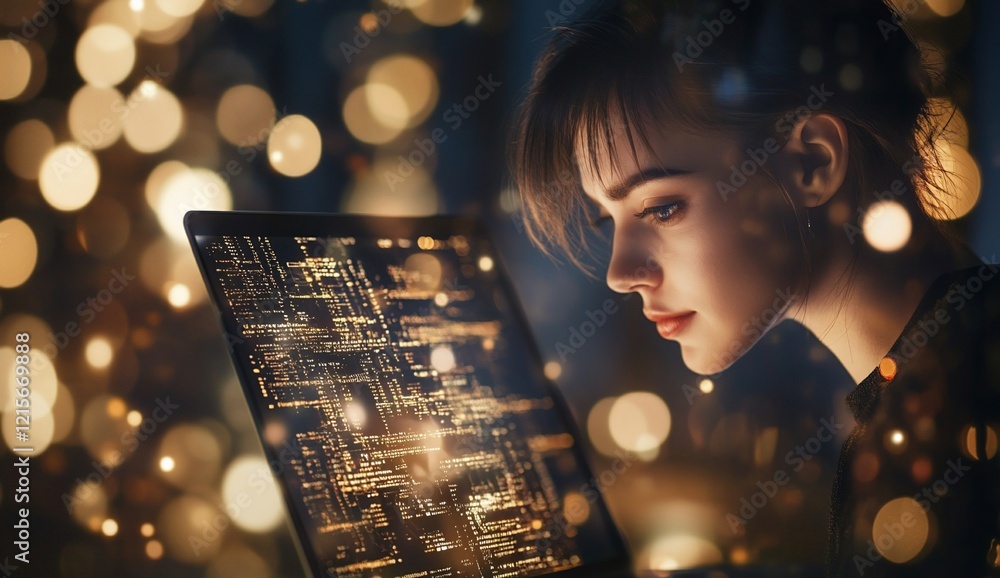 Poster woman programmer coding on laptop at night, illuminated by warm lights.