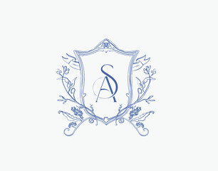 Wedding logo wreath vector design royal style blue color illustration monogram crest design